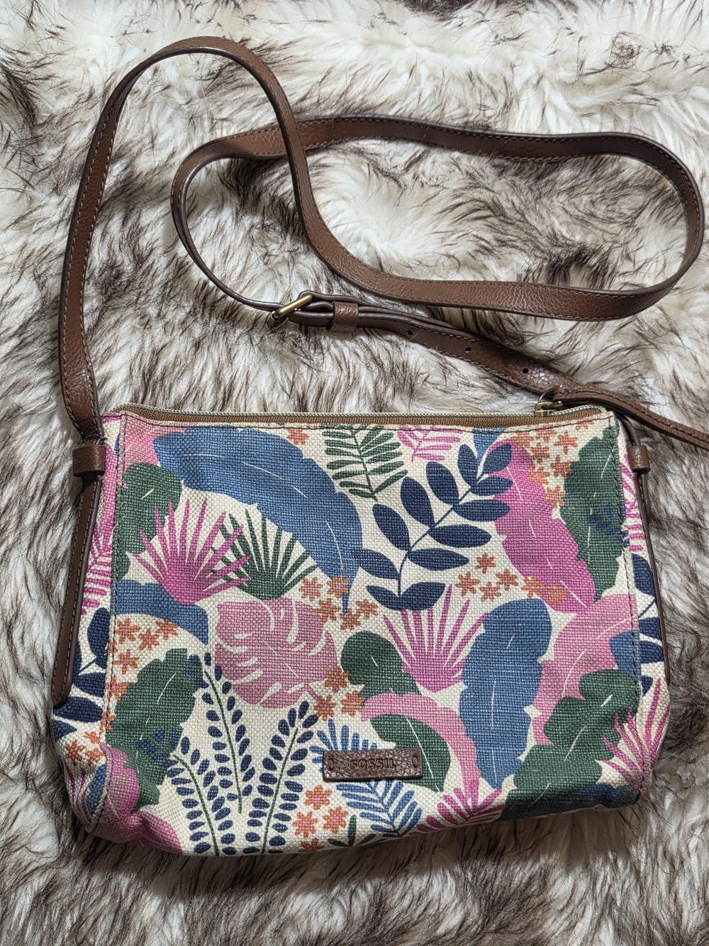Fossil Tropical Leaf Print Crossbody Bag Pink, Blue & Green